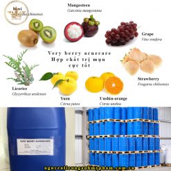 Hợp chất trị mụn Very berry acnecare được chiết xuất từ 7 loại trái cây thiên nhiên đó là: Kiwi, Cam Unshiu, Dâu tây, Nho, Cam thảo, Măng cục, Nho